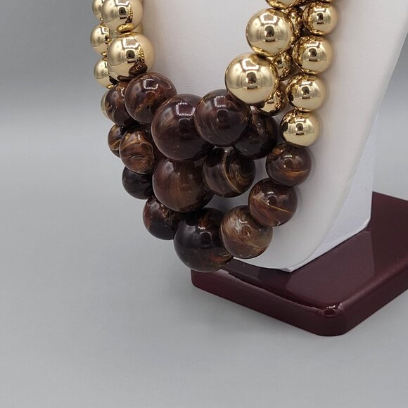 Erica Lyons Chunky Beaded Statement Necklace Gold Brown Beads Triple Strand - Picture 4 of 9